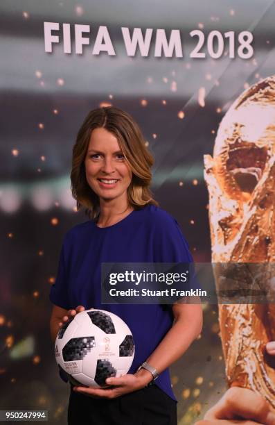 Jessy Wellmer poses for a picture during the ARD and ZDF FIFA World Cup presenter team presentation on April 23, 2018 in Hamburg, Germany.