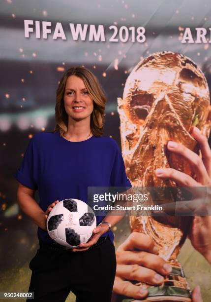 Jessy Wellmer poses for a picture during the ARD and ZDF FIFA World Cup presenter team presentation on April 23, 2018 in Hamburg, Germany.