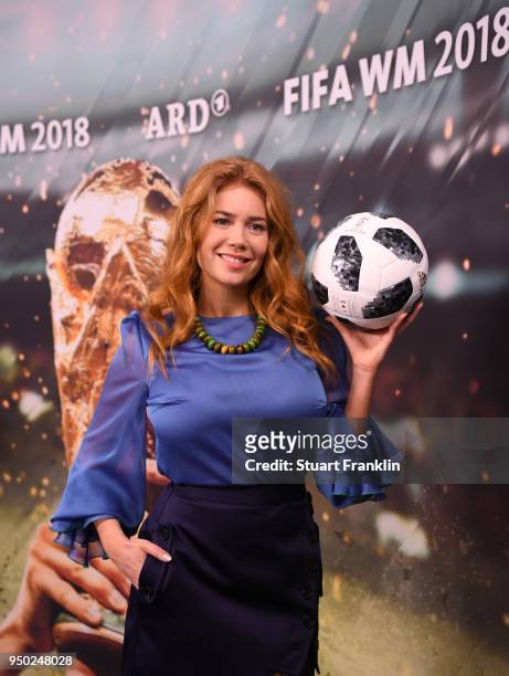 Palina Rojinski poses for a picture during the ARD and ZDF FIFA World Cup presenter team presentation on April 23, 2018 in Hamburg, Germany.