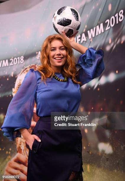 Palina Rojinski poses for a picture during the ARD and ZDF FIFA World Cup presenter team presentation on April 23, 2018 in Hamburg, Germany.