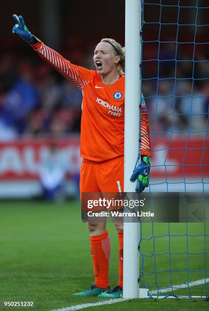 Hedvig Lindahl of Cheslea in action during the UEFA Womens Champions League semi-final first leg match between Chelsea Ladies and Wolfsburg at The...