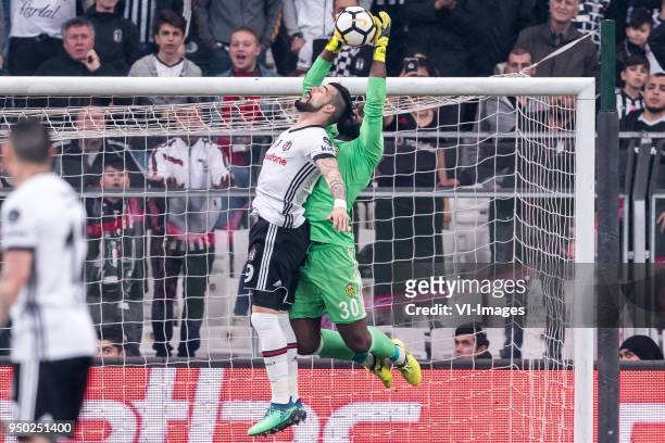 Alvaro Negredo Sanchez of Besiktas JK , goalkeeper Fabien Farnolle of Evkur Yeni Malatyaspor during the Turkish Spor Toto Super Lig football match...