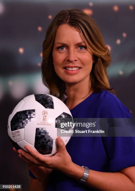 Jessy Wellmer poses for a picture during the ARD and ZDF FIFA World Cup presenter team presentation on April 23, 2018 in Hamburg, Germany.