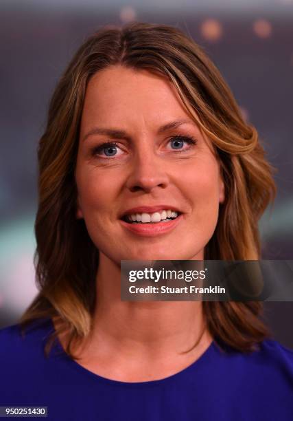 Jessy Wellmer poses for a picture during the ARD and ZDF FIFA World Cup presenter team presentation on April 23, 2018 in Hamburg, Germany.