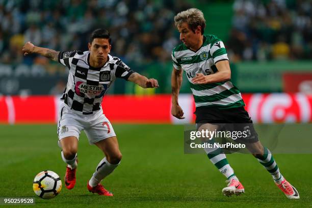 Sporting CP Defender Fabio Coentrao from Portugal and Boavista FC Forward Renato Santos from Portugal during the Premier League 2017/18 match between...