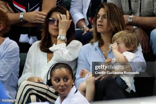 Amelie Mauresmo and her son Aaron Mauresmo during the Fed Cup match between France and USA on April 21, 2018 in Aix-en-Provence, France.
