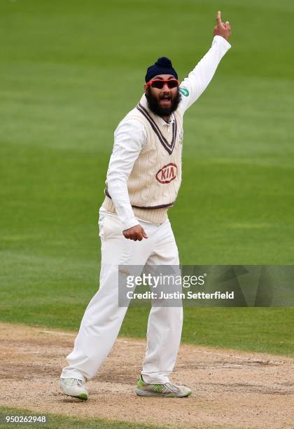 Amar Virdi of Surrey reacts during the Specsavers County Championship: Division One match between Surrey and Hampshire on Day 4 at The Kia Oval on...