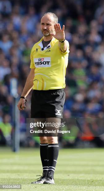 Romain Poite, the referee issues instructions during the European Rugby Champions Cup Semi-Final match between Leinster Rugby and Scarlets at Aviva...