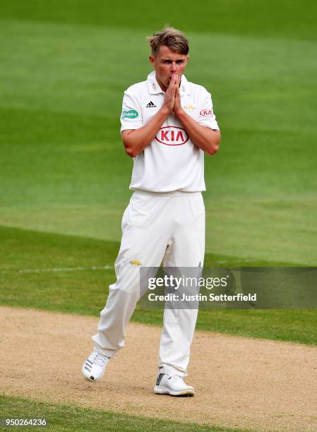 Sam Curran of Surrey reacts during the Specsavers County Championship: Division One match between Surrey and Hampshire on Day 4 at The Kia Oval on...