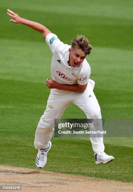 Sam Curran of Surrey reacts bowls during the Specsavers County Championship: Division One match between Surrey and Hampshire on Day 4 at The Kia Oval...