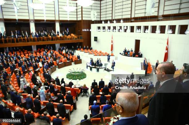 President of Turkey Recep Tayyip Erdogan attends a special session of parliament on the 98th anniversary of foundation of Turkish Grand National...