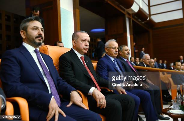 President of Turkey Recep Tayyip Erdogan attends a special session of parliament on the 98th anniversary of foundation of Turkish Grand National...