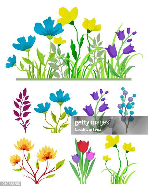 ilustraciones, imágenes clip art, dibujos animados e iconos de stock de conjunto de flores - bouquet