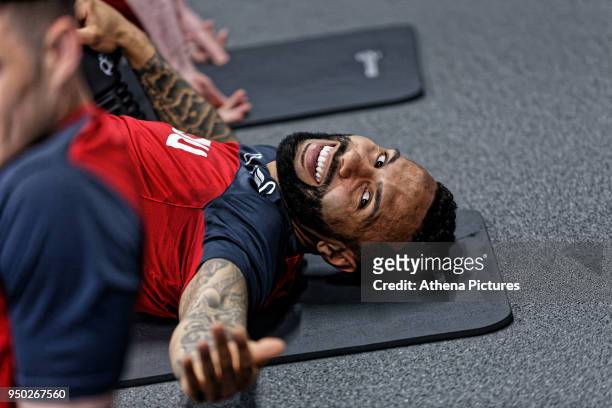 Kyle Bartley exercises in the gym during the Swansea City Training at The Fairwood Training Ground on April 19, 2018 in Swansea, Wales.