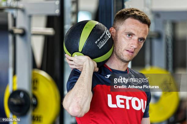 Andy King exercises in the gym during the Swansea City Training at The Fairwood Training Ground on April 19, 2018 in Swansea, Wales.
