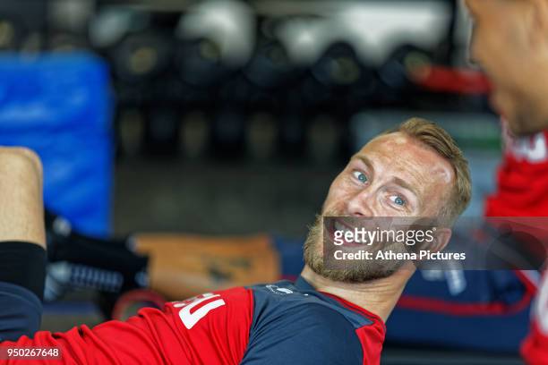 Mike van der Hoorn exercises in the gym during the Swansea City Training at The Fairwood Training Ground on April 19, 2018 in Swansea, Wales.
