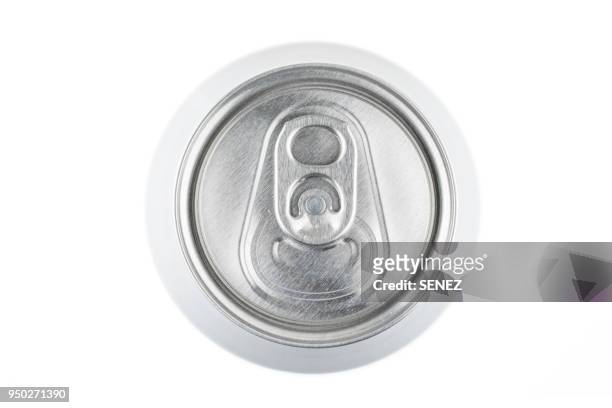 the top of an aluminum soda can with the ring pull showing - open tin can stock pictures, royalty-free photos & images