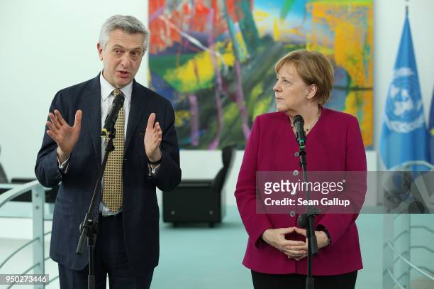 German Chancellor Angela Merkel and UNHCR High Commissioner for Refugees Filippo Grandi give statements to the media prior to talks at the...