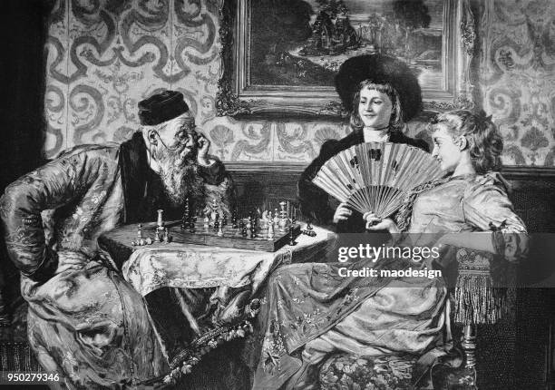 youth against old, playing chess _ 1895 - chess stock illustrations