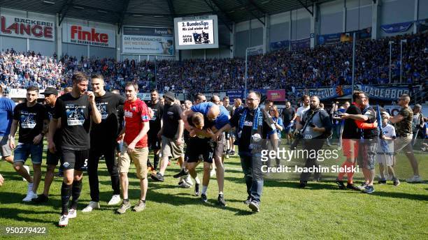 The Team and the Fans of Paderborn celebration after the 3. Liga match between SC Paderborn 07 and SpVgg Unterhaching at Benteler Arena on April 21,...