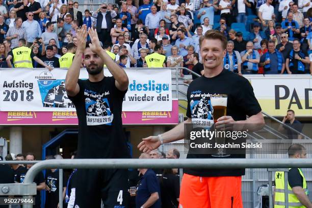 Massih Wassey and Michael Ratajczak of Paderborn celebration after the 3. Liga match between SC Paderborn 07 and SpVgg Unterhaching at Benteler Arena...