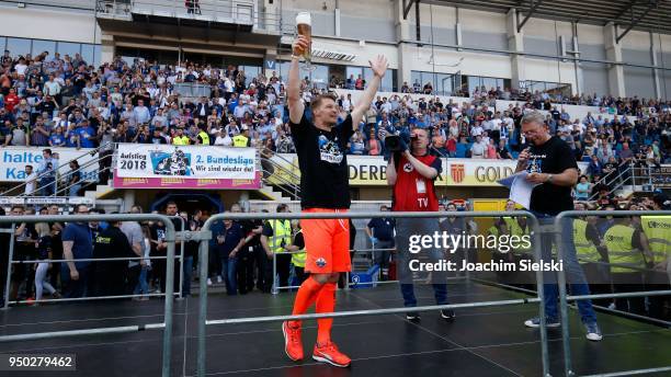 Michael Ratajczak of Paderborn celebrate after the 3. Liga match between SC Paderborn 07 and SpVgg Unterhaching at Benteler Arena on April 21, 2018...