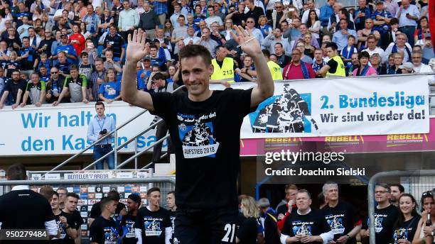 Philipp Klement of Paderborn celebrate after the 3. Liga match between SC Paderborn 07 and SpVgg Unterhaching at Benteler Arena on April 21, 2018 in...