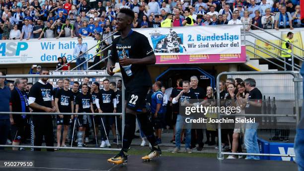 Christopher Antwi-Adjej of Paderborn celebrate after the 3. Liga match between SC Paderborn 07 and SpVgg Unterhaching at Benteler Arena on April 21,...
