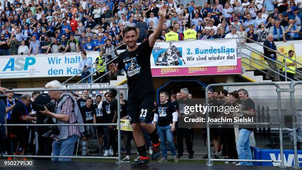 Robin Krausse of Paderborn celebrate after the 3. Liga match between SC Paderborn 07 and SpVgg Unterhaching at Benteler Arena on April 21, 2018 in...