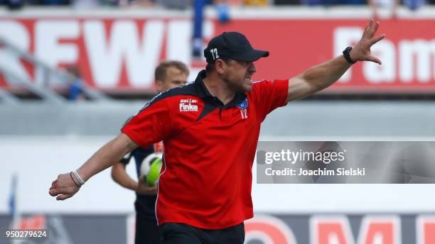 Coach Steffen Baumgart of Paderborn during the 3. Liga match between SC Paderborn 07 and SpVgg Unterhaching at Benteler Arena on April 21, 2018 in...