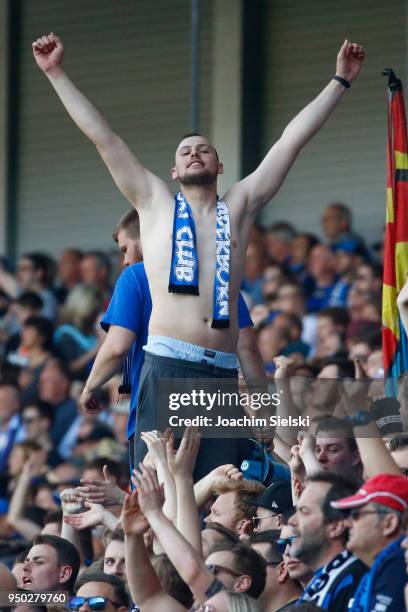 The Fans of Paderborn during the 3. Liga match between SC Paderborn 07 and SpVgg Unterhaching at Benteler Arena on April 21, 2018 in Paderborn,...