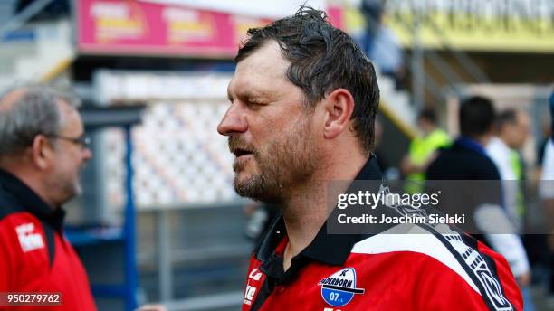 Coach Steffen Baumgart of Paderborn after the 3. Liga match between SC Paderborn 07 and SpVgg Unterhaching at Benteler Arena on April 21, 2018 in...