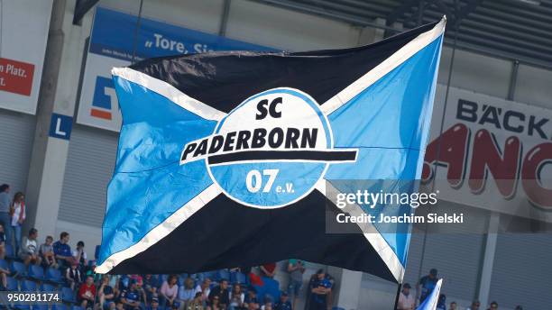 The Flag of Paderborn before the 3. Liga match between SC Paderborn 07 and SpVgg Unterhaching at Benteler Arena on April 21, 2018 in Paderborn,...