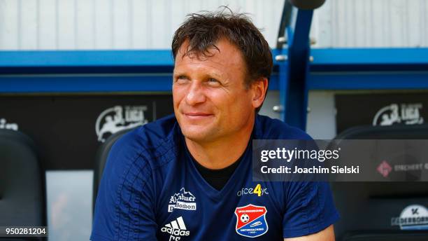 Coach Claus Schramm of Unterhaching before the 3. Liga match between SC Paderborn 07 and SpVgg Unterhaching at Benteler Arena on April 21, 2018 in...