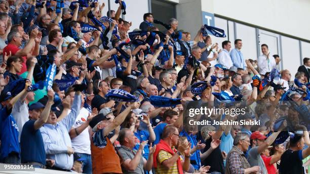 The Fans of Paderborn during the 3. Liga match between SC Paderborn 07 and SpVgg Unterhaching at Benteler Arena on April 21, 2018 in Paderborn,...