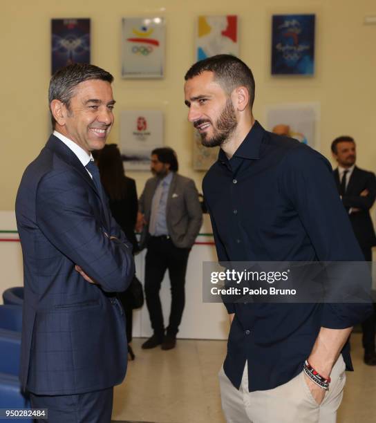 Italian football federation Vice Commissioner Alessandro Costacurta speaks with AC Milan player Leonardo Bonucci during the FIGC meeting at Italian...