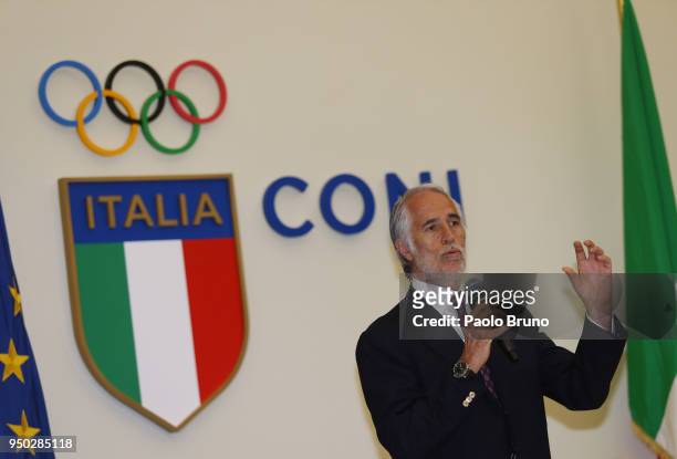 President Giovanni Malago' attends the FIGC meeting at Italian olympic committee on April 23, 2018 in Rome, Italy.