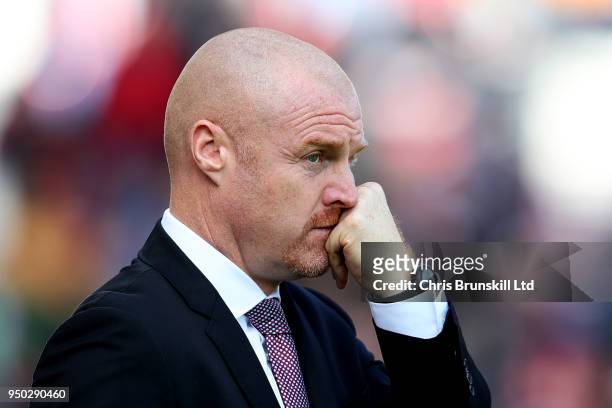 Burnley manager Sean Dyche looks on during the Premier League match between Stoke City and Burnley at Bet365 Stadium on April 22, 2018 in Stoke on...
