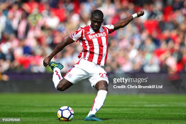 Badou Ndiaye of Stoke City in action during the Premier League match between Stoke City and Burnley at Bet365 Stadium on April 22, 2018 in Stoke on...