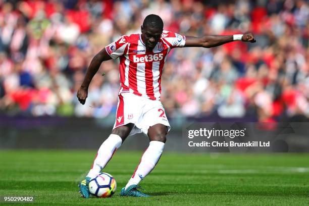 Badou Ndiaye of Stoke City in action during the Premier League match between Stoke City and Burnley at Bet365 Stadium on April 22, 2018 in Stoke on...