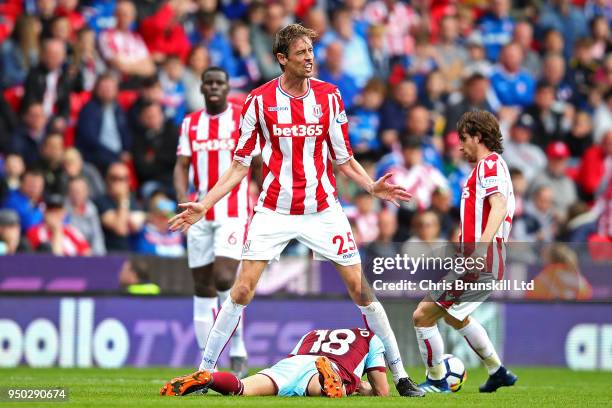 Peter Crouch of Stoke City reacts during the Premier League match between Stoke City and Burnley at Bet365 Stadium on April 22, 2018 in Stoke on...