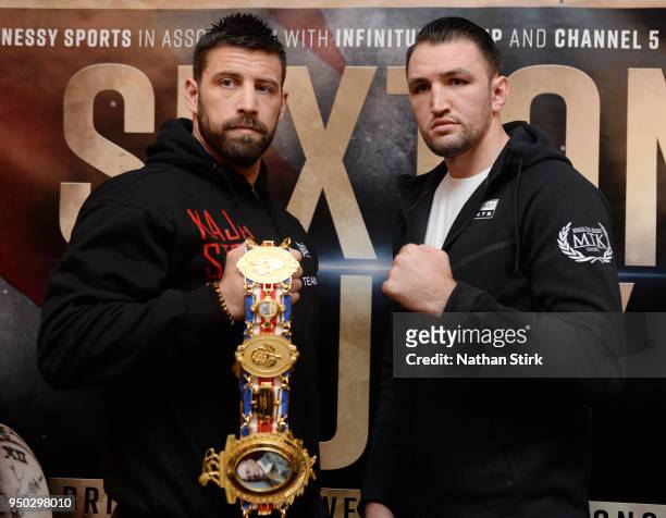 Sam Sexton and Hughie Fury pose for a photo during the Sam Sexton and Hughie Fury Press Conference at Macron Stadium on April 23, 2018 in Bolton,...