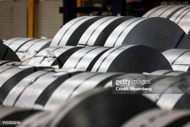 Rolls of aluminium metal sit at Liberty Pressing Solutions in Coventry, U.K., on Monday, April 23, 2018. Aluminum markets are still reeling from U.S....