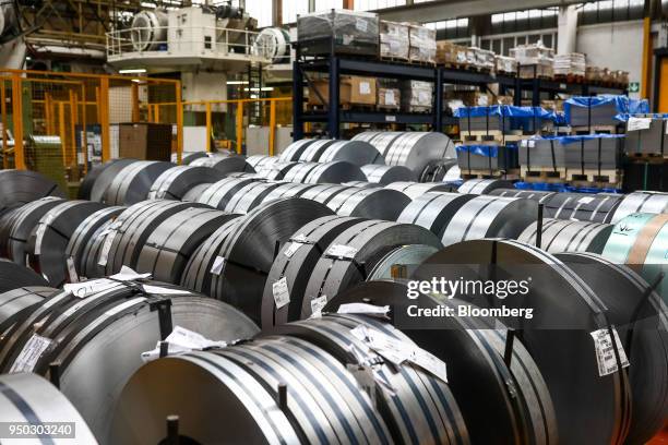 Rolls of aluminium metal sit at Liberty Pressing Solutions in Coventry, U.K., on Monday, April 23, 2018. Aluminum markets are still reeling from U.S....