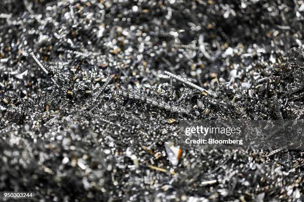 Metal shavings sit at the Liberty Aluminium Technologies in Coventry, U.K., on Monday, April 23, 2018. Aluminum markets are still reeling from U.S....