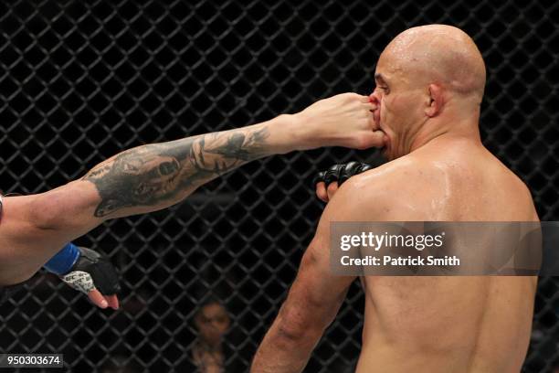 Luan Chagas of Brazil kicks Siyar Bahadurzada of Afghanistan in their welterweight fight during the UFC Fight Night event at the Boardwalk Hall on...