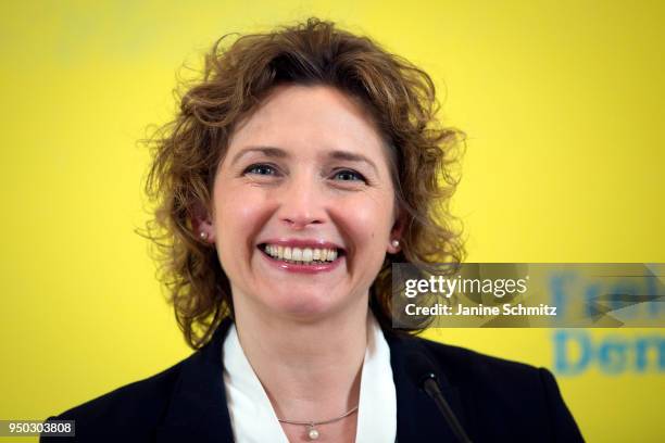 Nicola Beer, the Secretary-General of the Free Democratic Party speaks during a press conference on April 16, 2018 in Berlin, Germany.