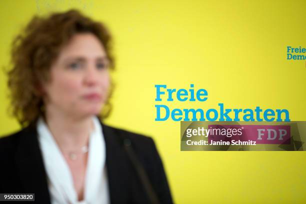 Nicola Beer, the Secretary-General of the Free Democratic Party speaks during a press conference on April 16, 2018 in Berlin, Germany.