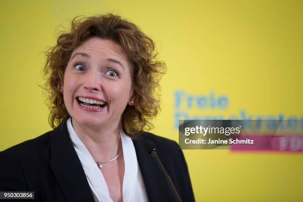 Nicola Beer, the Secretary-General of the Free Democratic Party speaks during a press conference on April 16, 2018 in Berlin, Germany.