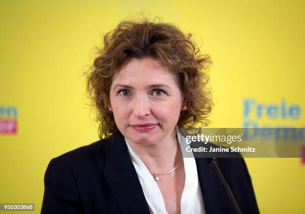 Nicola Beer, the Secretary-General of the Free Democratic Party speaks during a press conference on April 16, 2018 in Berlin, Germany.